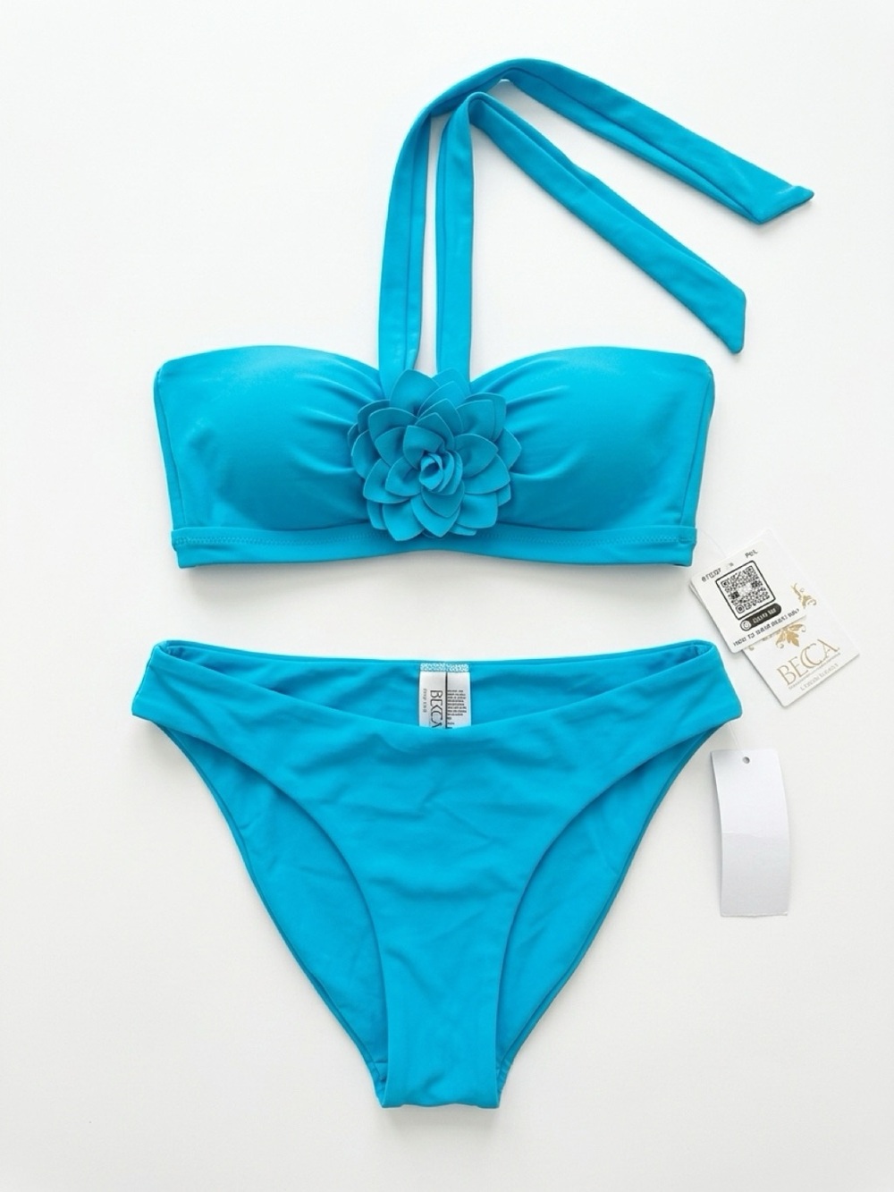 BECCA Turquoise Bandeau Bikini Set with Floral Accent NWTs Small